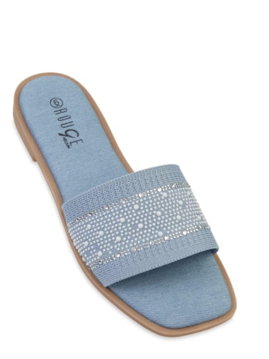 R- Knit Rhinestone Studded Band Slide Sandals