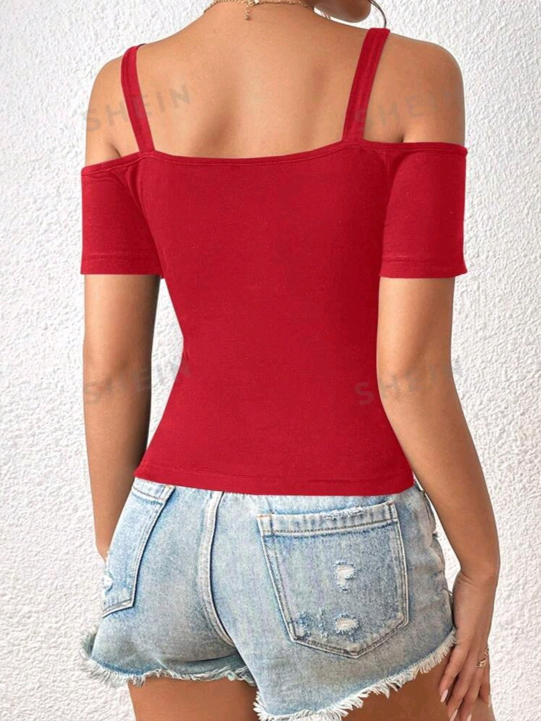 #7879 Solid Cold Shoulder Ring Linked Tee