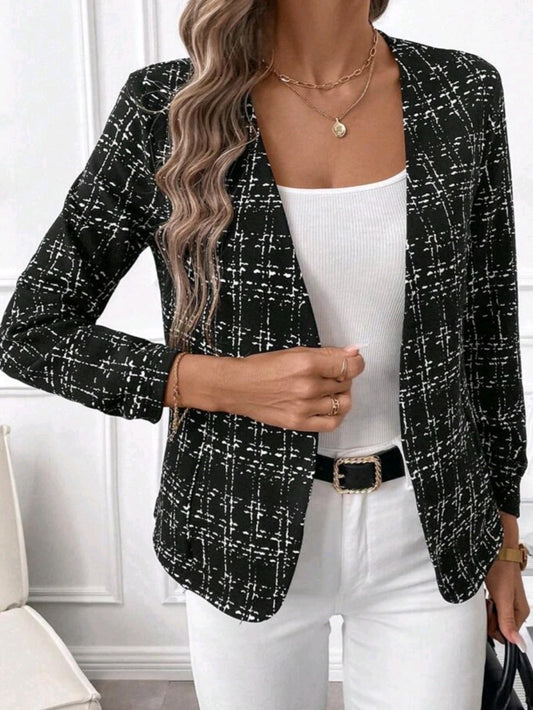 #8056 Elegant Black & White Contrasting Plaid Long Sleeve Cardigan