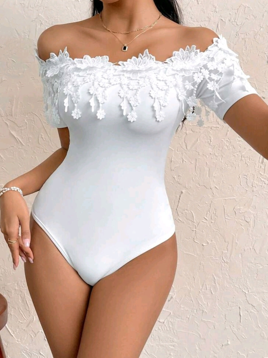 #1742 Lace Off-Shoulder Bodysuit With Floral Trim