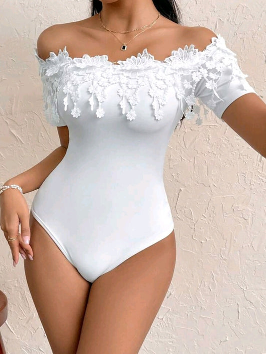 #1742 Lace Off-Shoulder Bodysuit With Floral Trim