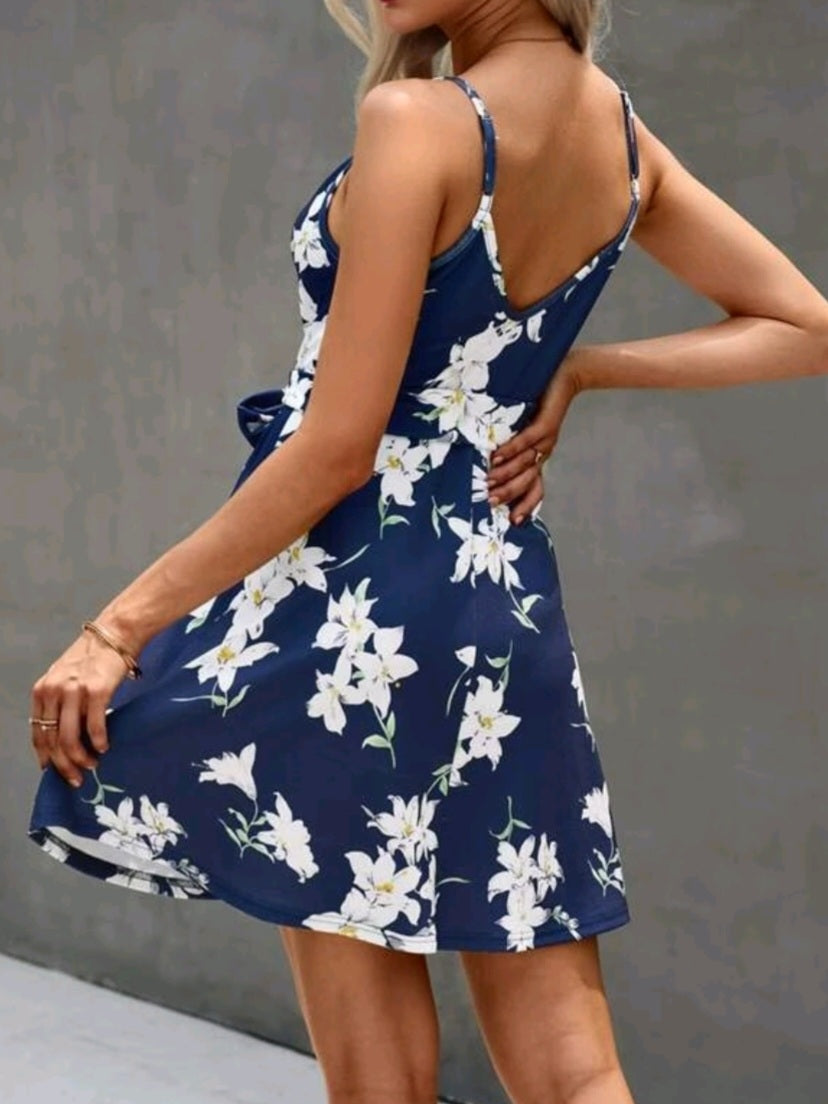 #5731 Floral Print Surplice Front Belted Cami Dress