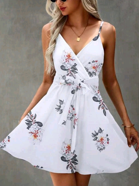 #3314 Floral Print Surplice Front Belted Cami Dress