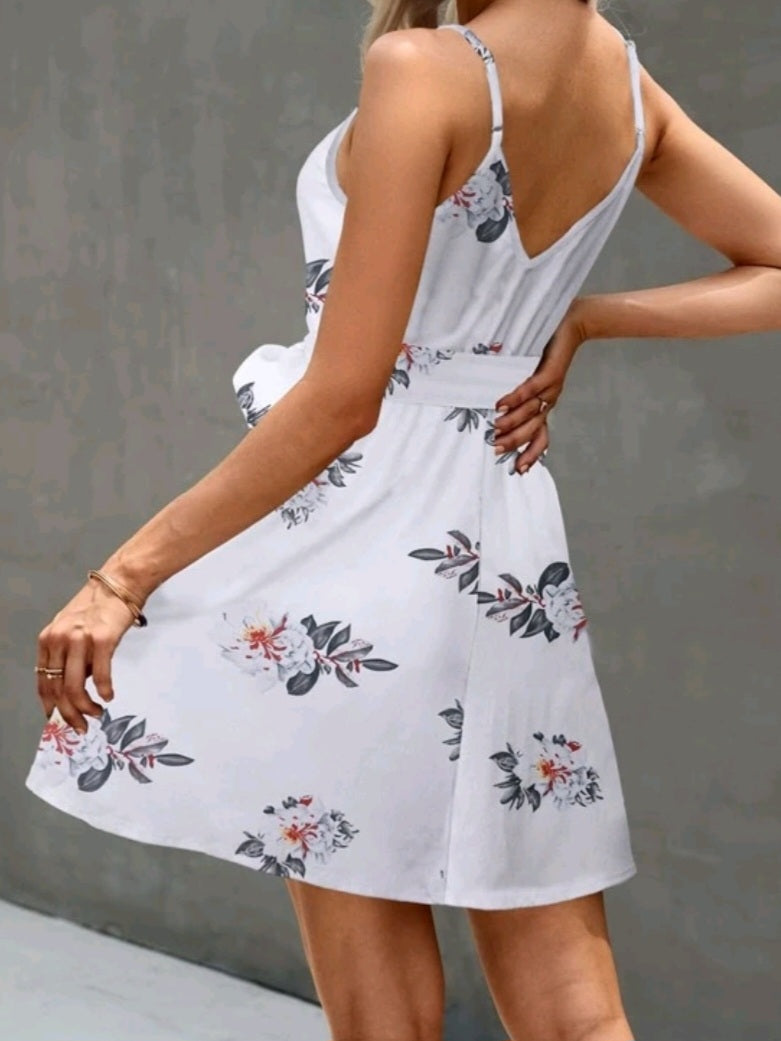 #3314 Floral Print Surplice Front Belted Cami Dress