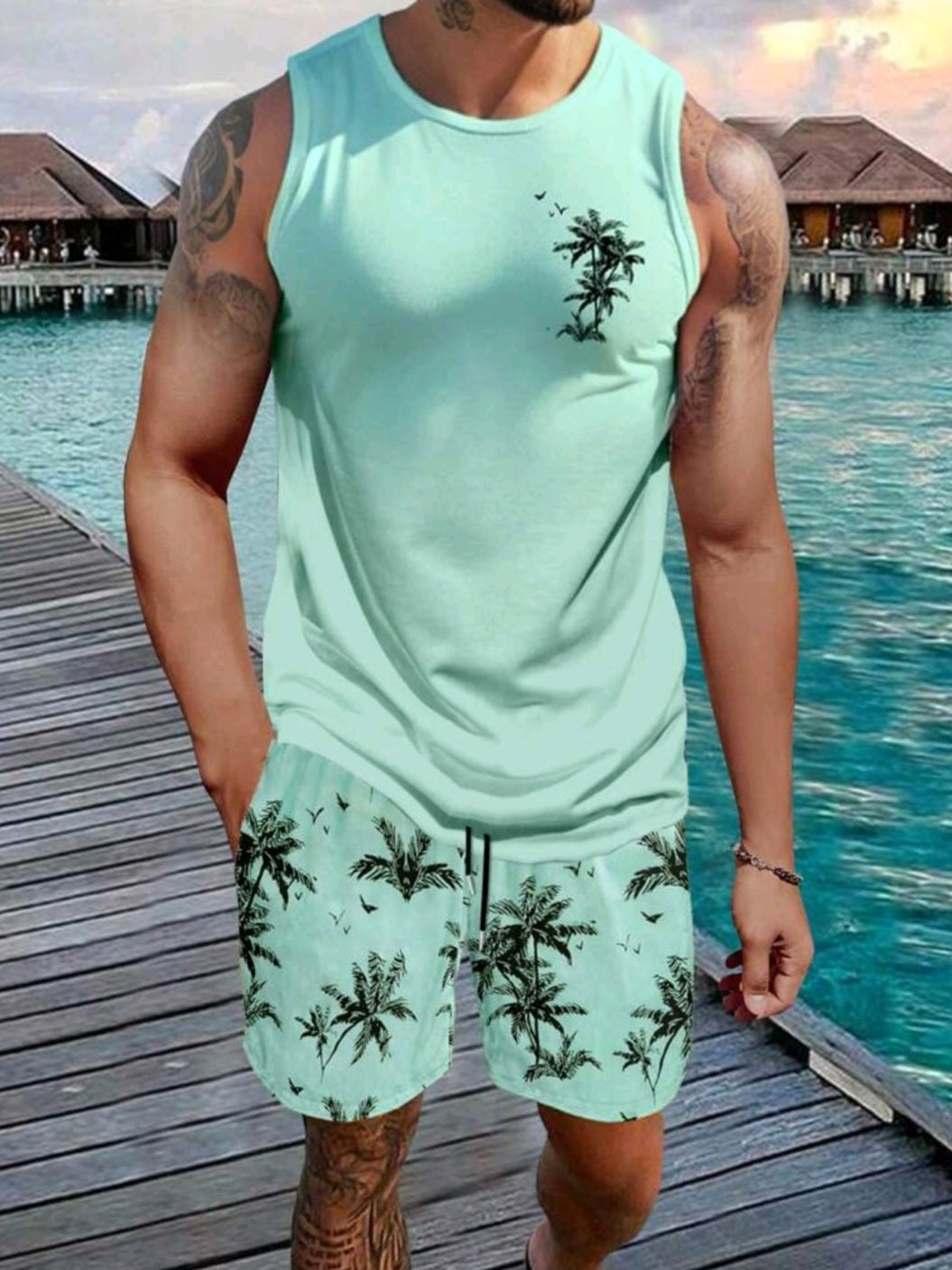 #2546 2 piece set Coconut Tree Printed Sleeveless Tank Top And Shorts Set