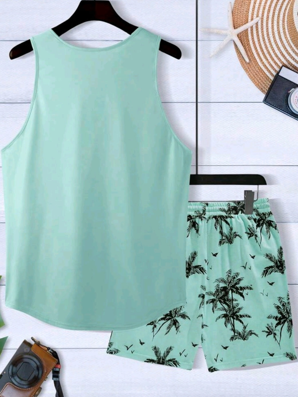 #2546 2 piece set Coconut Tree Printed Sleeveless Tank Top And Shorts Set