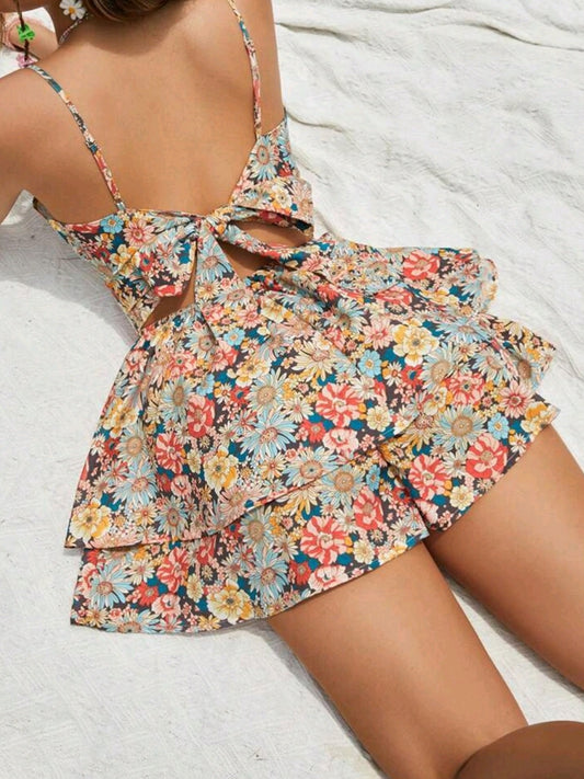 #2109 Allover Floral Print Tie Backless Two Layer Hem Romper