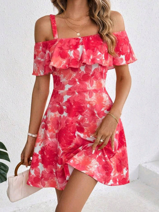 #7609 Ruffle Floral Print Ruffle Hem A-Line Dress