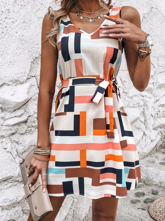 #6717 V-Neck Waist-Cinched Dress