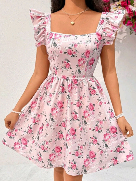 #0905 Floral Print Short Cap Sleeve Dress