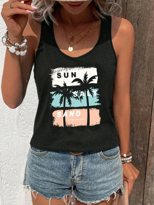 #0591 Coconut Tree Print Wide Strap Tank Top