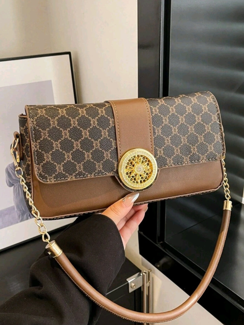 #4022 Color Block Print Cover Lock Shoulder Bag