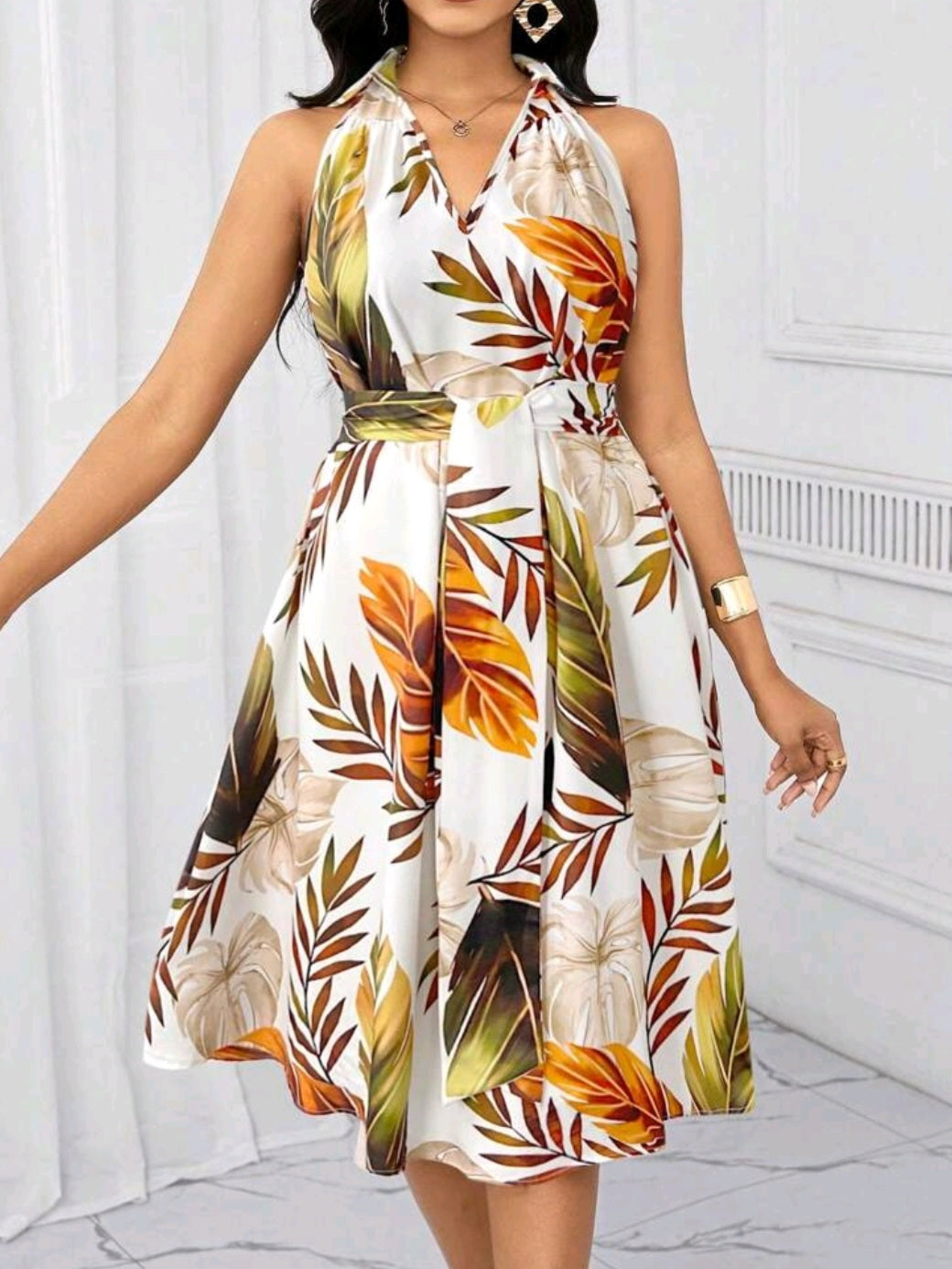 #9379 Plant Print V-Neck Sleeveless Pleated High Waist Mid-Length Dress