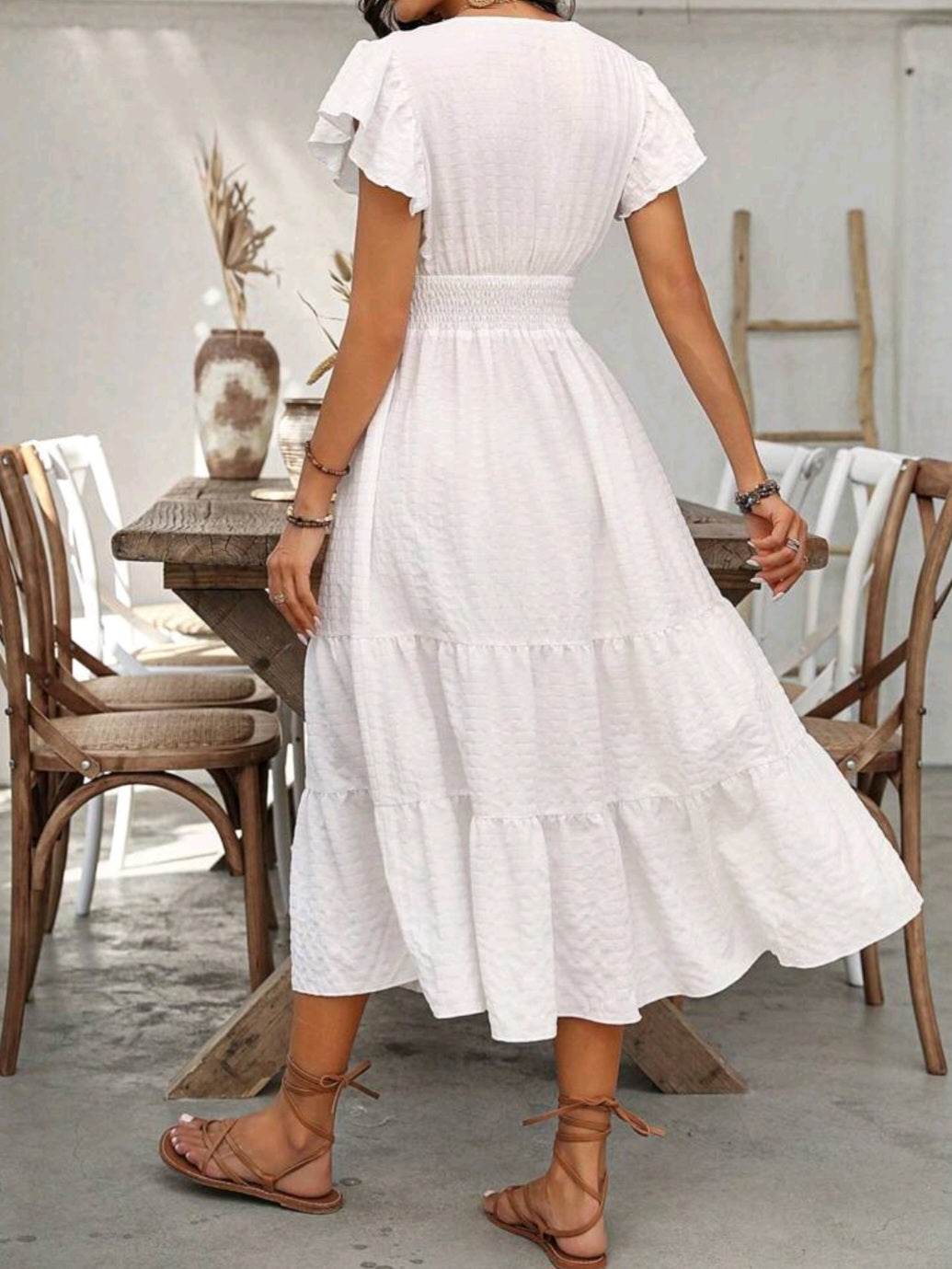#0307 Surplice Neck Shirred Waist Tiered Hem Dress
