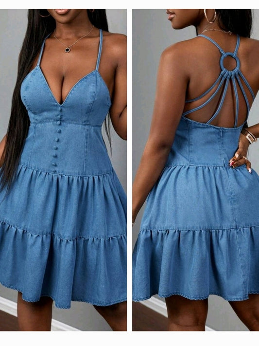 #8984 Backless, Spaghetti Strap Denim Dress