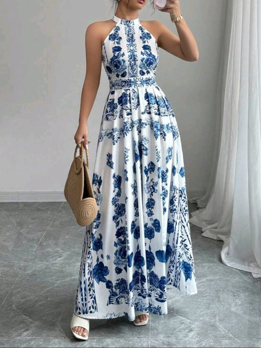 4514 Floral Print Halter Long Dress