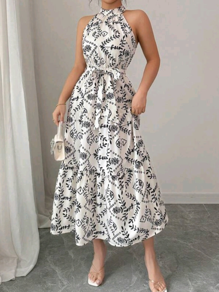 #2212  Plant Print Sleeveless Slip Dress