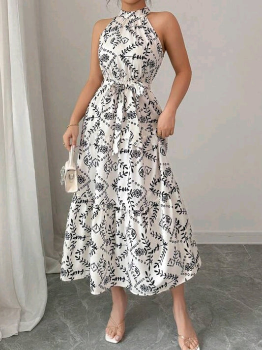 #2212  Plant Print Sleeveless Slip Dress