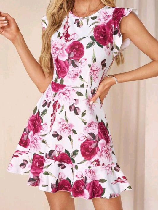 #9796 Floral Print Round Neck Fitted Cap Sleeve Mini Dress