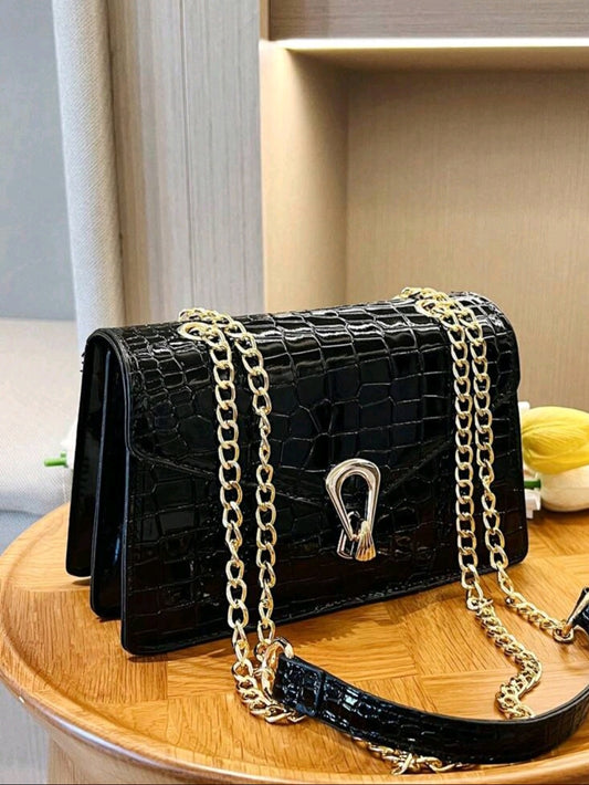 #9231 Crocodile Pattern Lock Flap Crossbody Bag