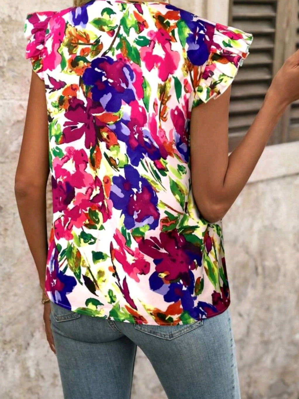 #2393 Floral Print Straight Fit Cap Sleeve Blouse