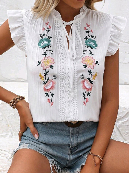#2523 Floral Embroidery Tie Neck Ruffle Trim Guipure Lace Blouse