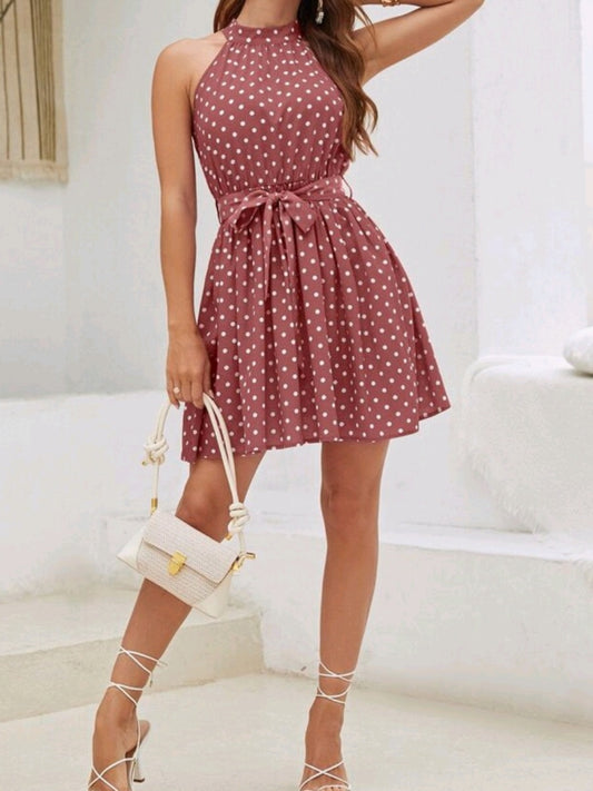 #4252 Polka Dot Keyhole Back Belted Dress