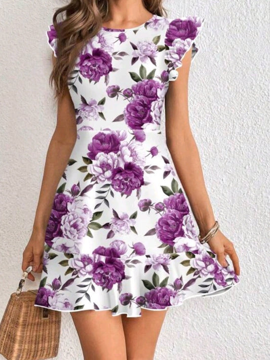 #4456 Floral Print Ruffle Cap Sleeve Mini Dress