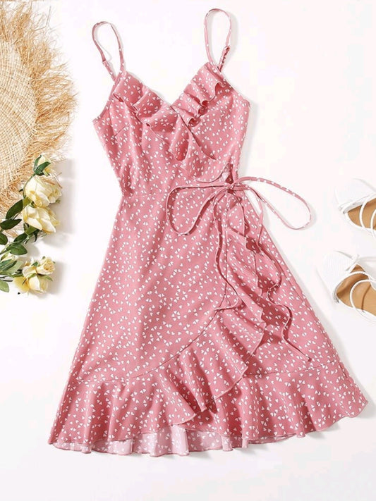#2370 Heart Print Ruffle Detail Wrap Cami Dress