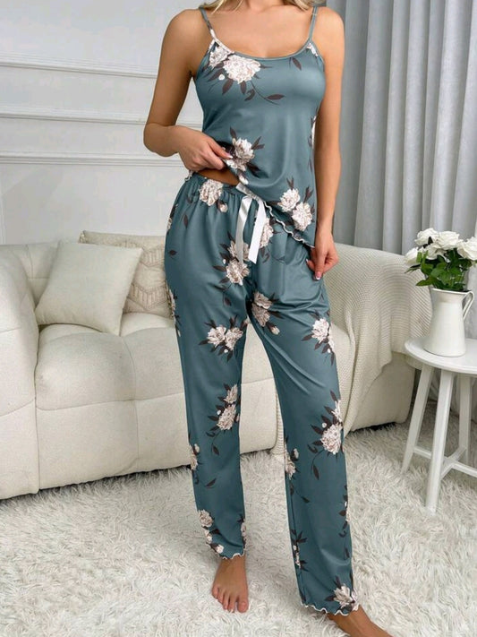 #6695 Flower Printed Tank Top And Long Pants Pajama Set