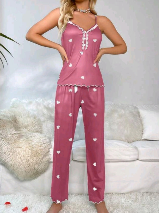 #7103 Heart-Shaped Print Lace Trimmed Cami And Long Pants Pajama Set