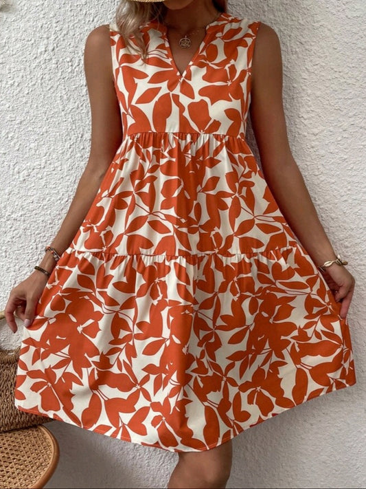 #4133 Allover Plant Print Notch Neck Ruffle Hem Dress