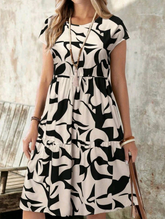 #5536 Geometric Print Short Sleeve Round Neck Dress