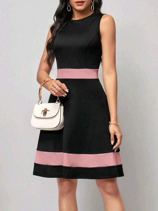 #7919 Spliced Color Sleeveless Elegant Dress
