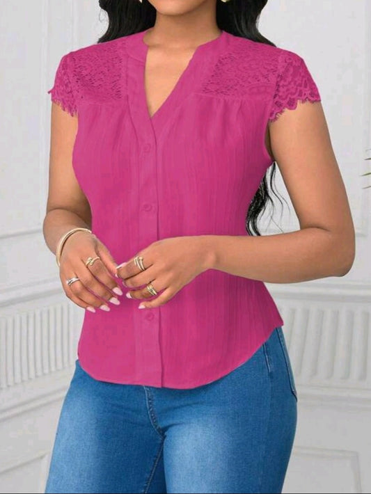 #1888 Elegant Lace Patchwork Wave Short Sleeve Blouse
