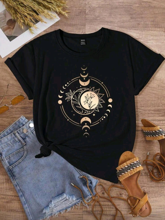 #0096 Gold Moon Pattern Printed Short Sleeve T-Shirt