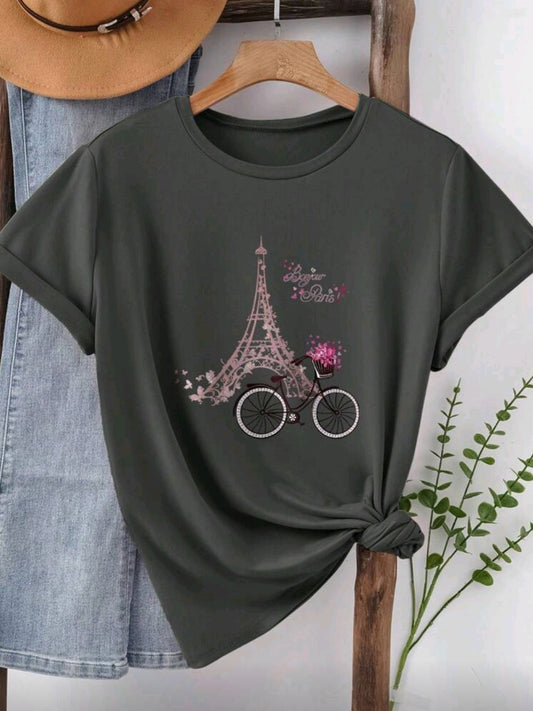 #6431 Eiffel Tower And Bicycle Print T- Shirt