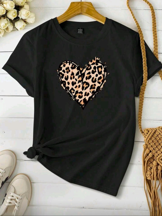 #4239 Leopard Print Heart Graphic T- Shirt