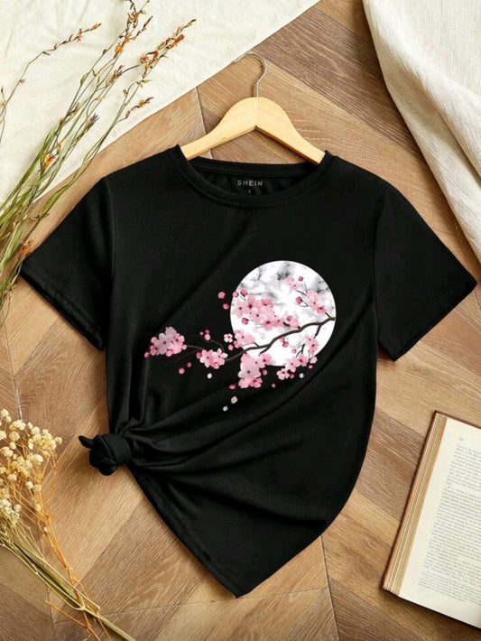 #2227 Floral Printed Round Neck Short Sleeve T-Shirt