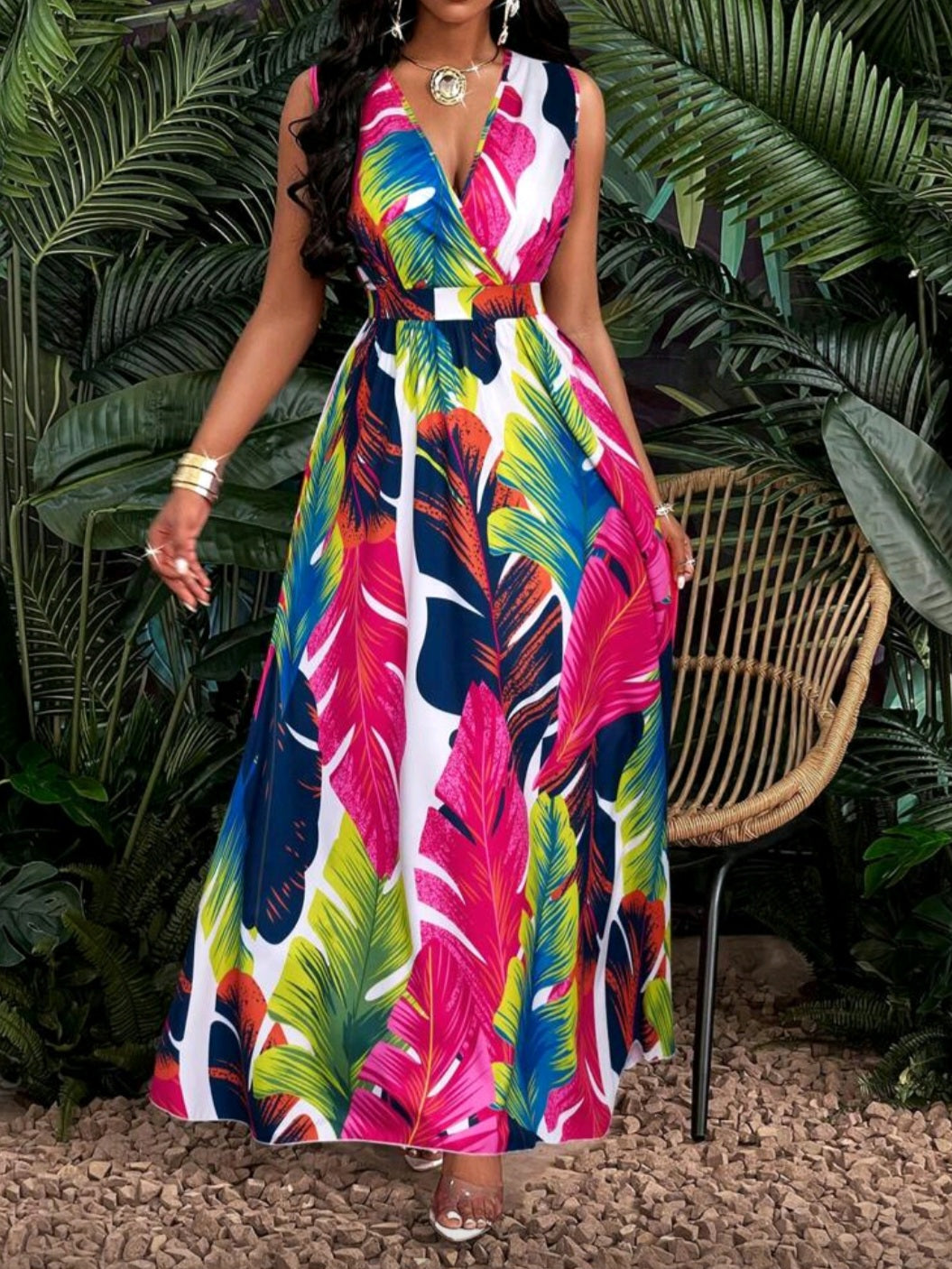 #4060 Tropical Print Deep V Neckline Cinched Waist Fit And Flare Dress