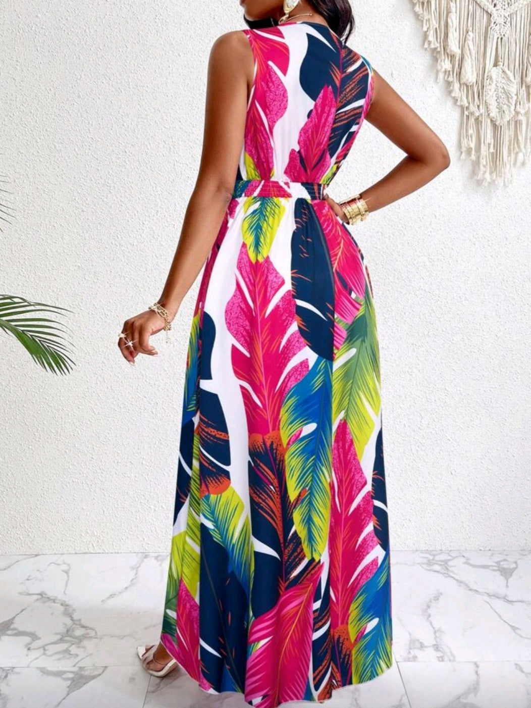 #4060 Tropical Print Deep V Neckline Cinched Waist Fit And Flare Dress