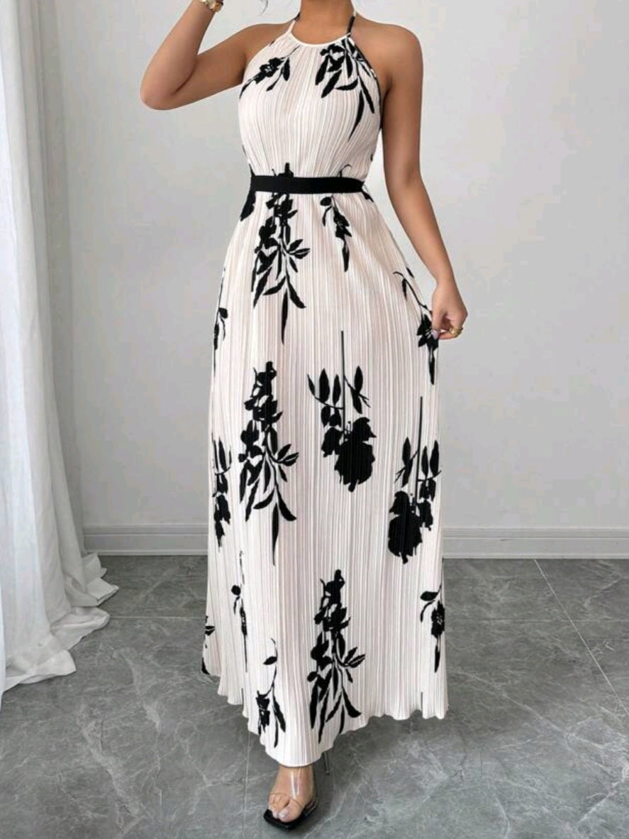 #5951 Halter Back Plant Print Dress