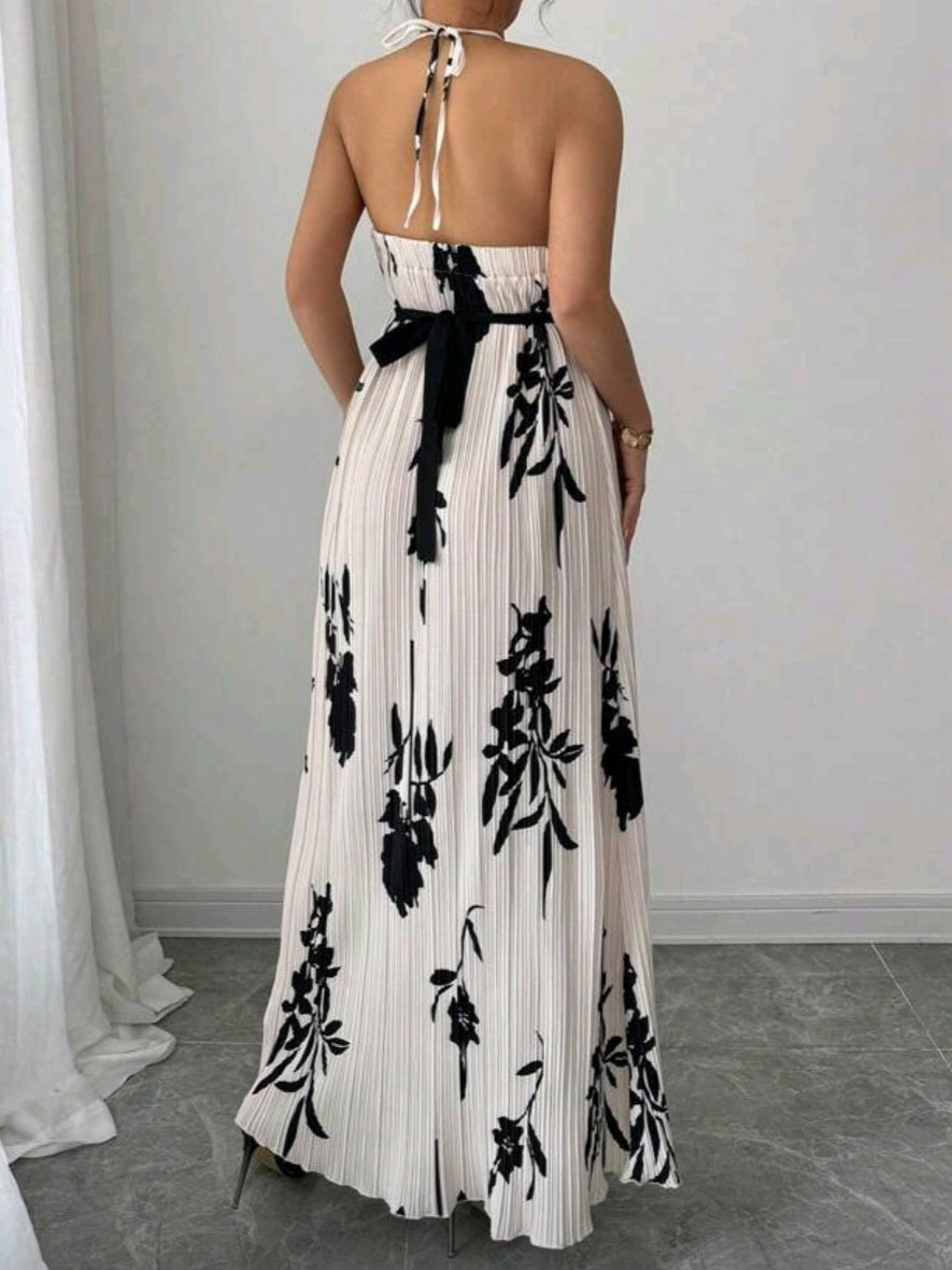 #5951 Halter Back Plant Print Dress