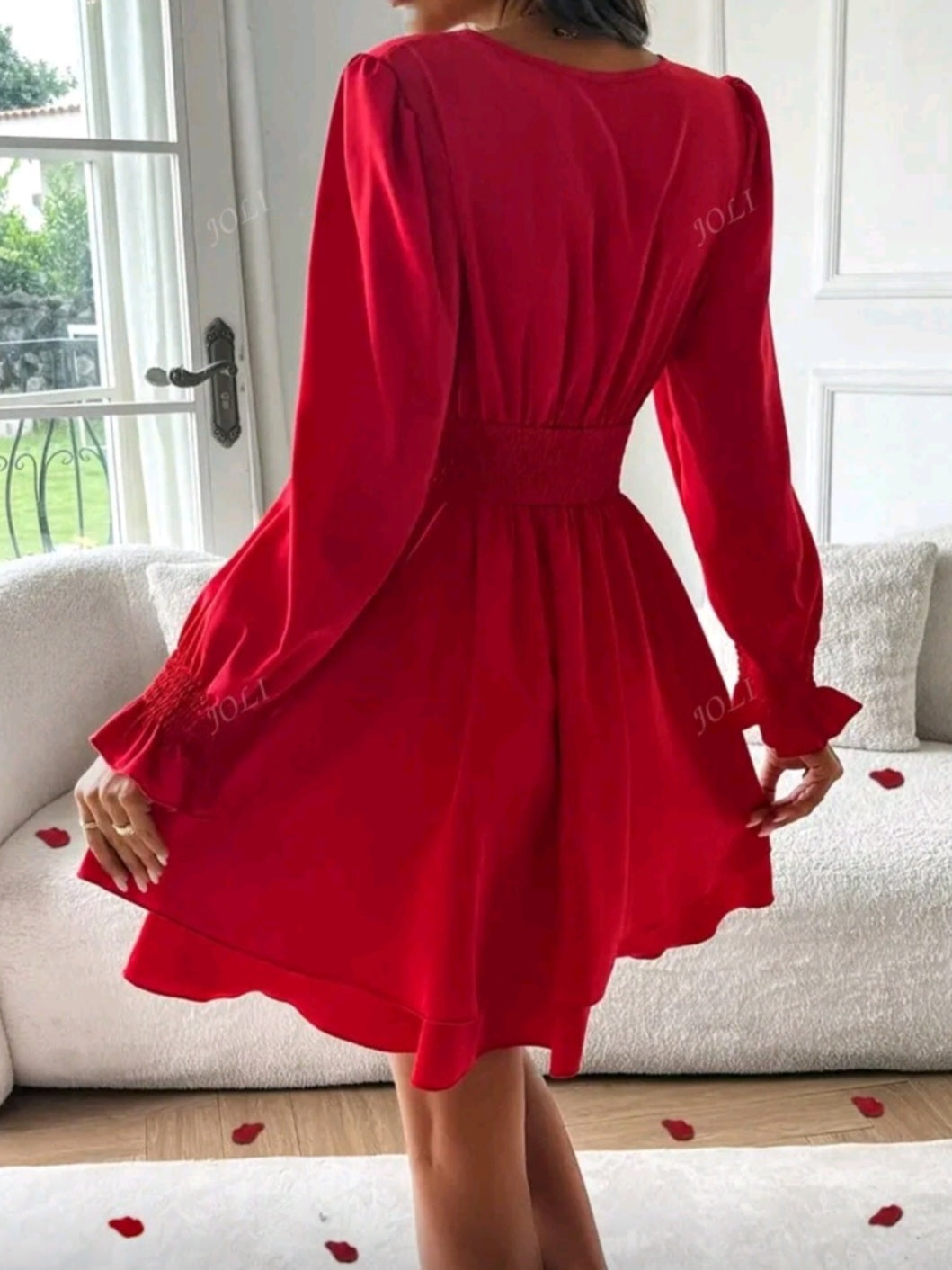 #7792 V-Neck Long Sleeve Solid Color Dress
