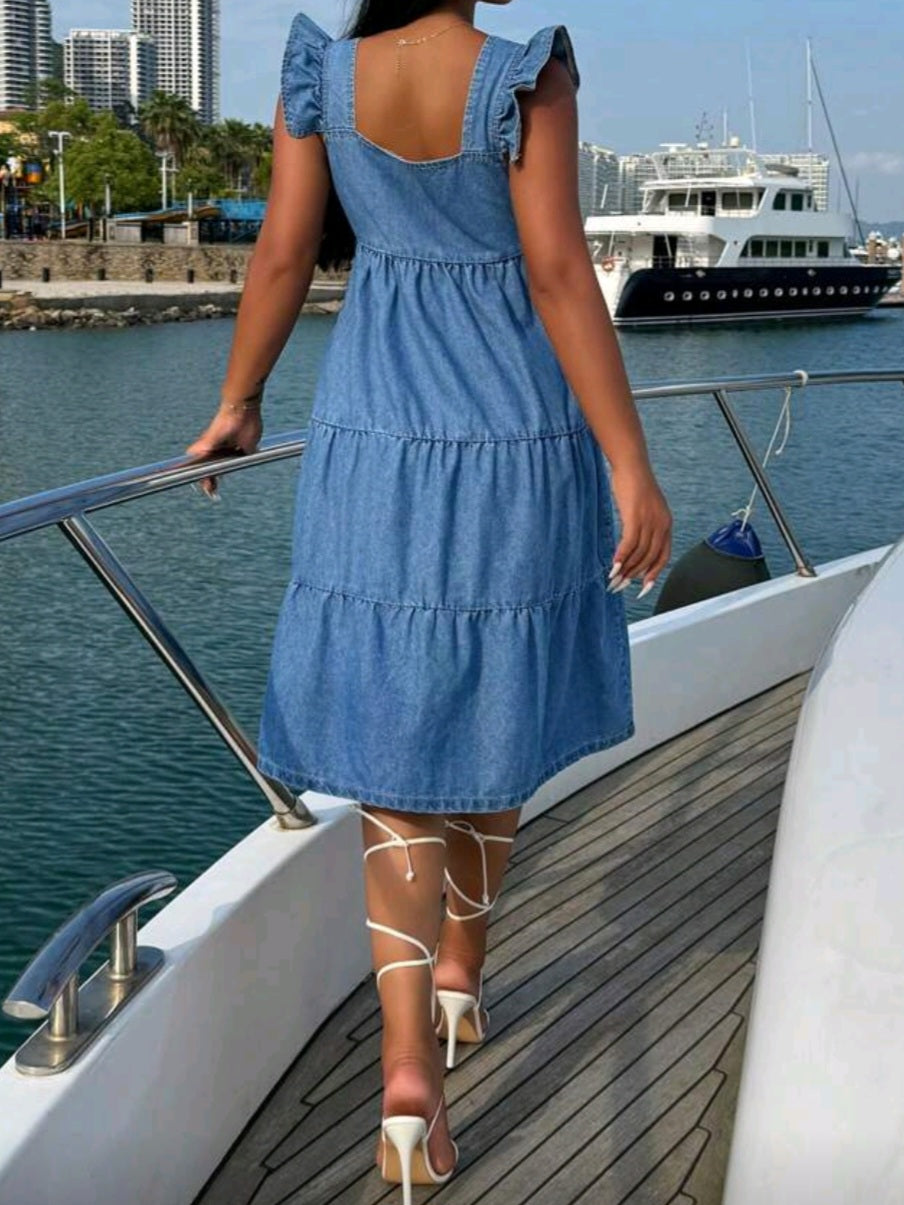 #0446 Denim Dress With Ruffle Hem
