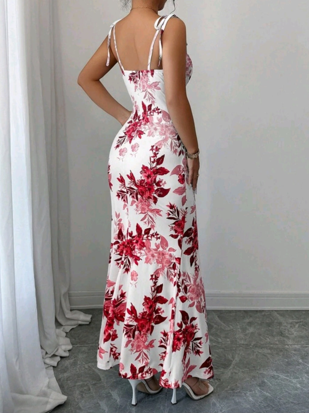 0330 Spaghetti Strap Tie Bow Waist Ruched Hem Slit Design Dress