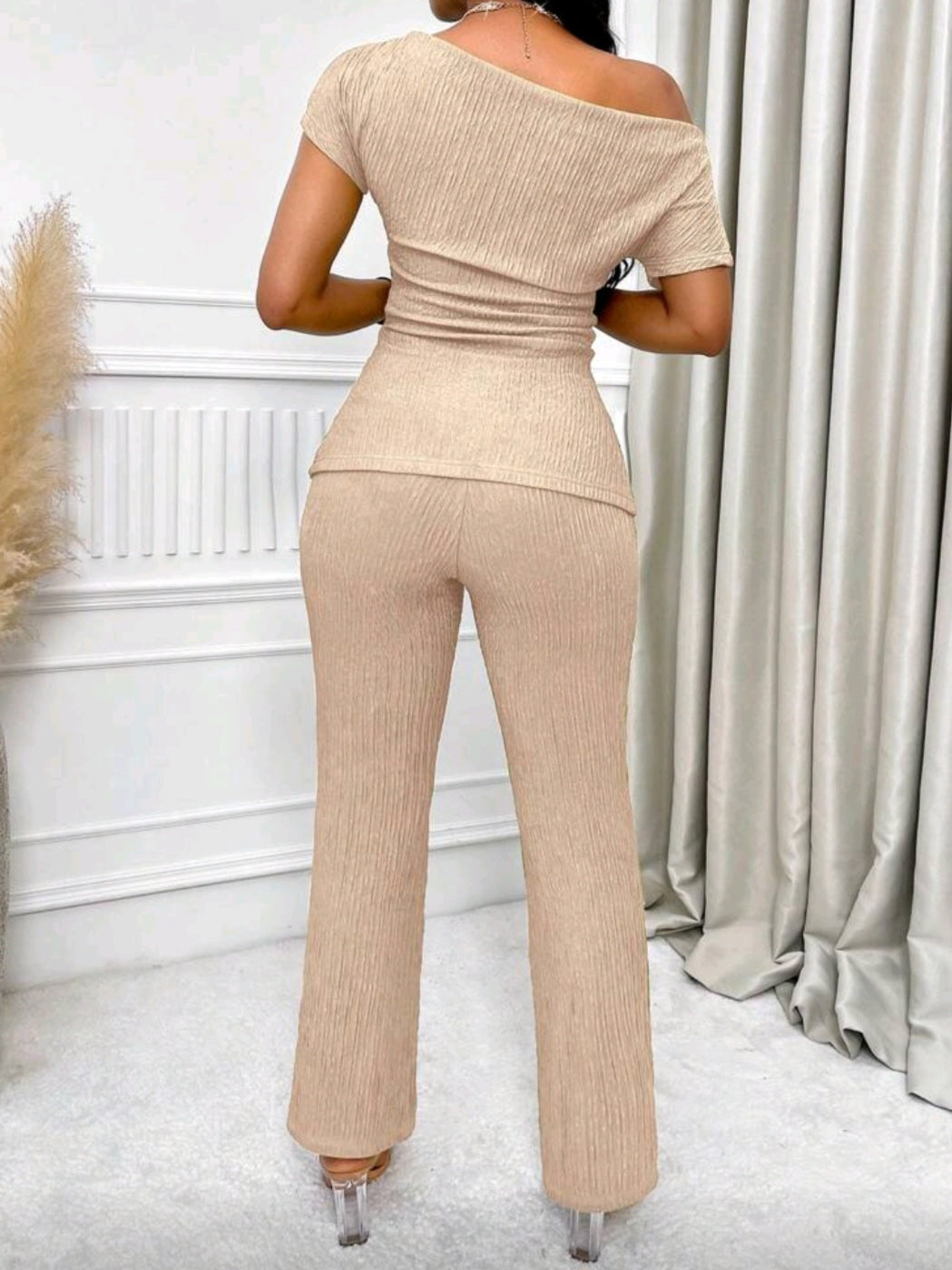 #3589 Asymmetrical Neck Split Hem Ruched Top & Flare Leg Pants