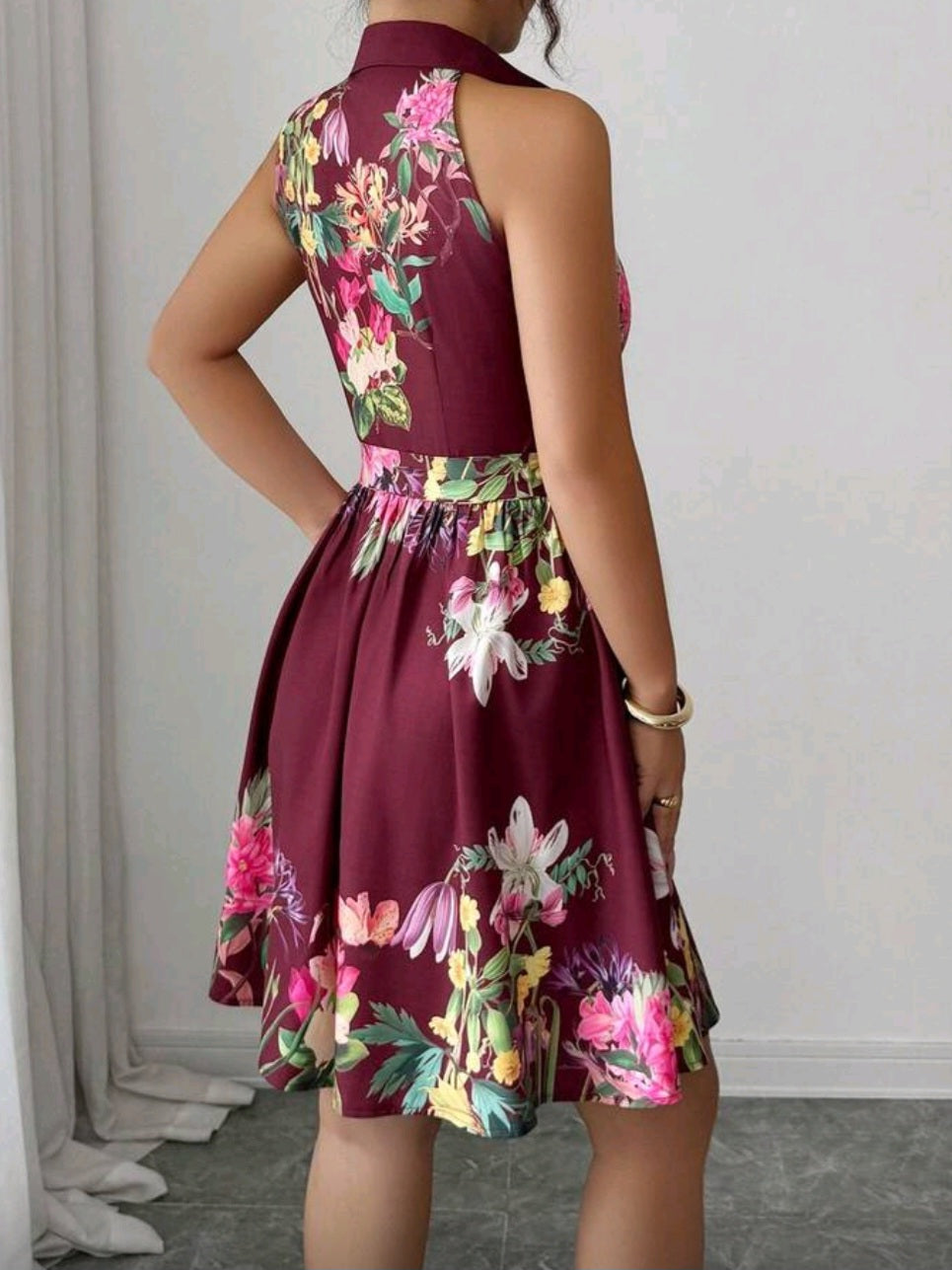 #1226 Elegant Floral Print Sleeveless Belted Dress