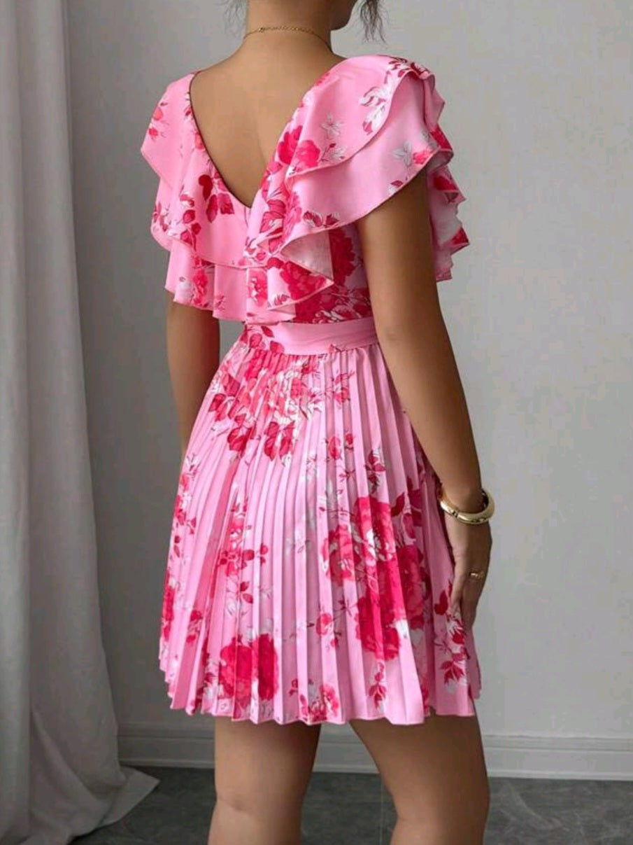 #4410 V-Neck Cinched Waist A-Line Floral Print Dress