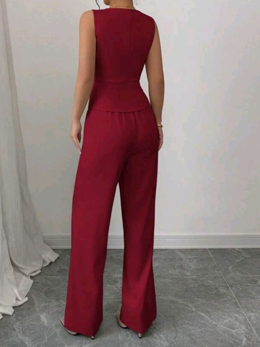 #7674 Elegant Sleeveless Top And Pants Suit Set